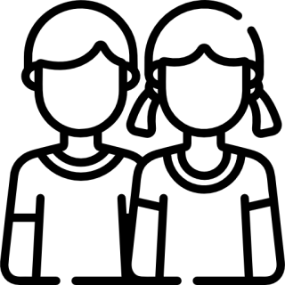 Outline of a boy and girl standing side by side, both with short hair and simple clothing.
