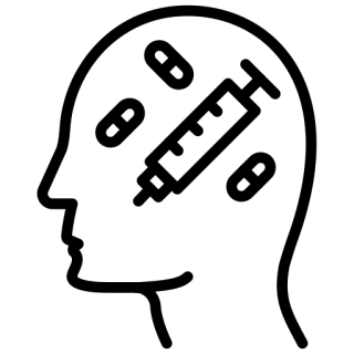 Outline of a human head with a syringe and pills inside, symbolizing medical or pharmaceutical themes related to mental health or brain treatment.