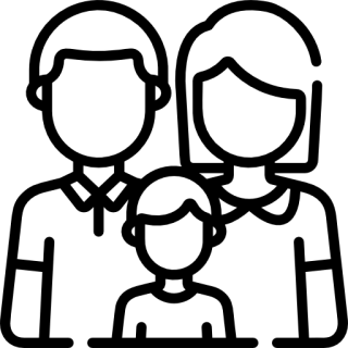 Outline of a family with two adults and one child standing in front.
